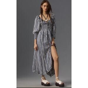 Anthropologie Long-Sleeve Sweetheart Midi Dress Blue Size Medium Cottage Core